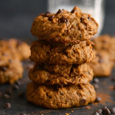 Get your pumpkin & chocolate fix with a creamy, melt-in-your-mouth Pumpkin Peanut Butter Chocolate Chip Cookie. Low Calorie, Paleo, Gluten Free and Vegan!