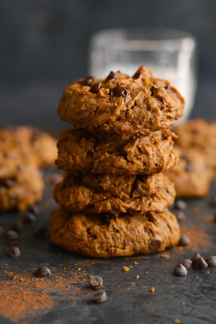 Get your pumpkin & chocolate fix with a creamy, melt-in-your-mouth Pumpkin Peanut Butter Chocolate Chip Cookie. Low Calorie, Paleo, Gluten Free and Vegan!