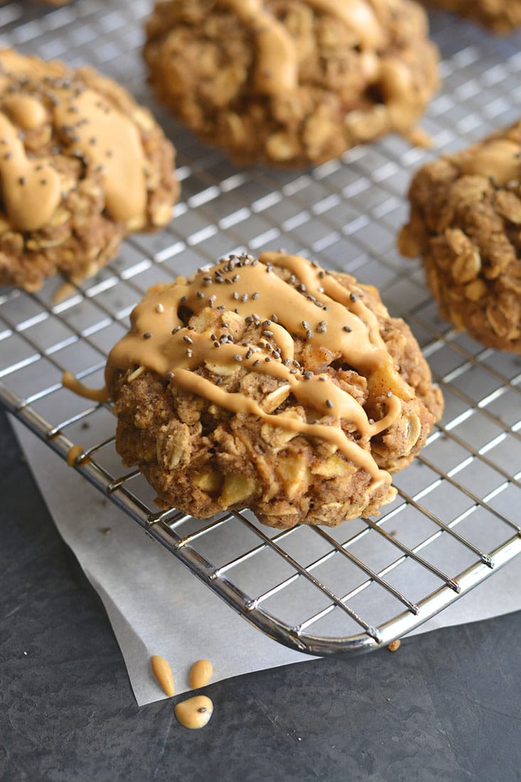 Apple Peanut Butter Cookies made with flax, chia and oats. A low calorie, gluten-free & vegan friendly snack that's easy to make & a nutritious treat! Gluten Free + Vegan + Low Calorie