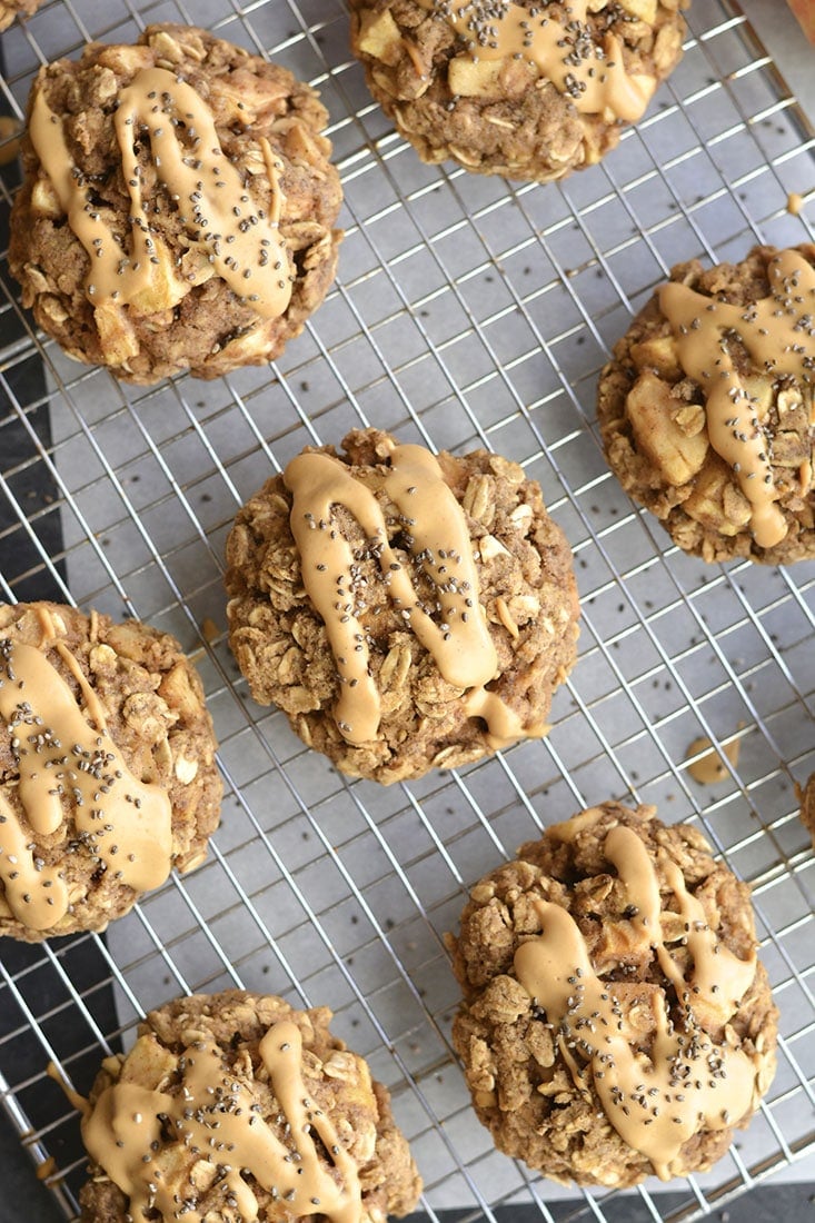Apple Peanut Butter Cookies made with flax, chia and oats. A low calorie, gluten-free & vegan friendly snack that's easy to make & a nutritious treat! Gluten Free + Vegan + Low Calorie