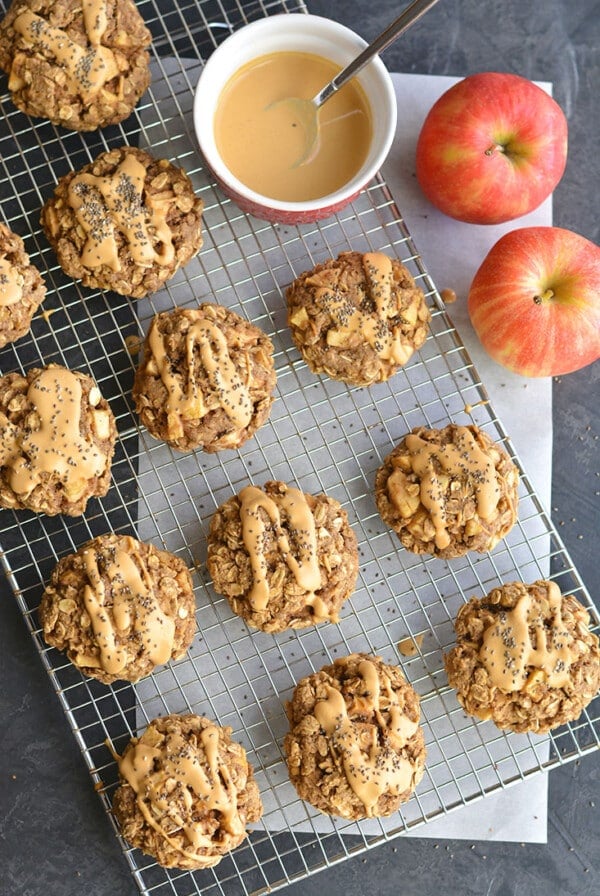 Apple Peanut Butter Cookies made with flax, chia and oats. A low calorie, gluten-free & vegan friendly snack that's easy to make & a nutritious treat! Gluten Free + Vegan + Low Calorie