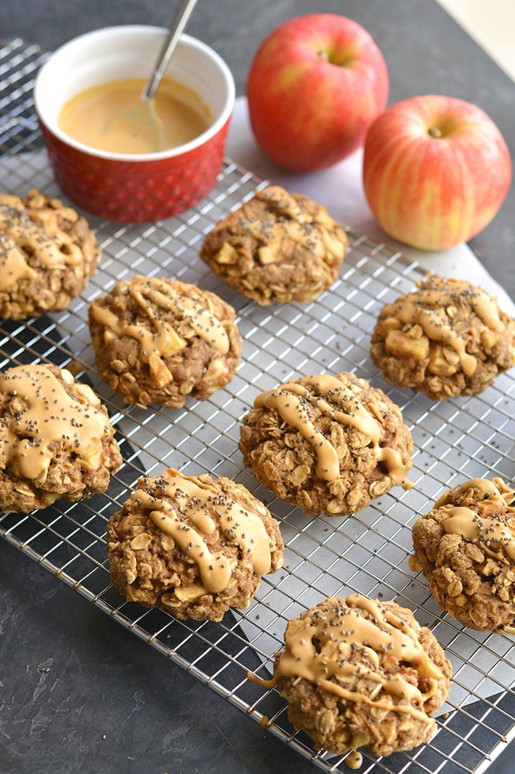 Apple Peanut Butter Cookies made with flax, chia and oats. A low calorie, gluten-free & vegan friendly snack that's easy to make & a nutritious treat! Gluten Free + Vegan + Low Calorie