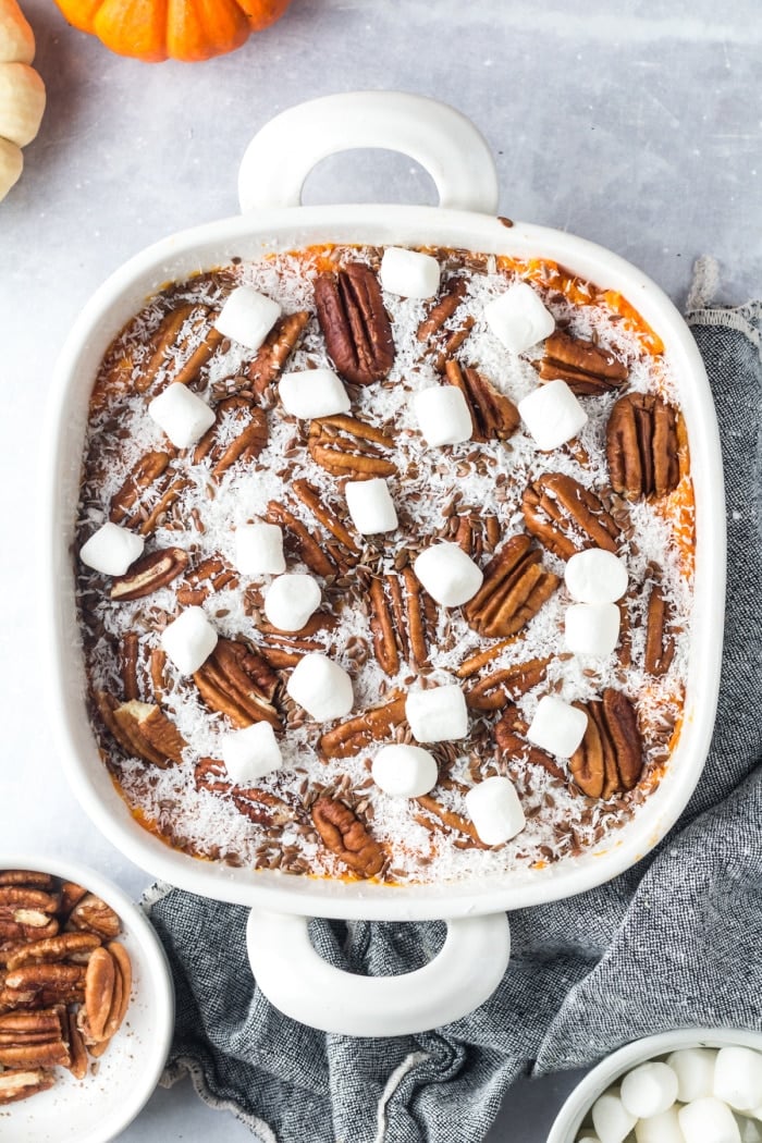 Healthy Sweet Potato Casserole is a low calorie, gluten free and Paleo dish that's made dairy free and with less added sugar.