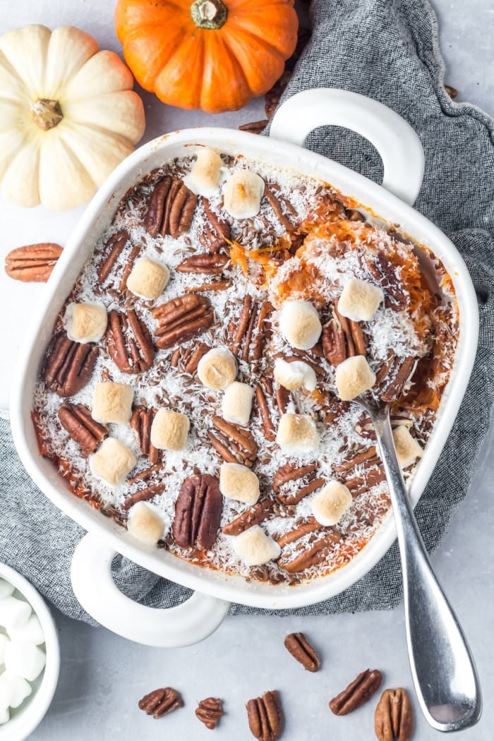 Healthy Sweet Potato Casserole is a low calorie, gluten free and Paleo dish that's made dairy free and with less added sugar. 