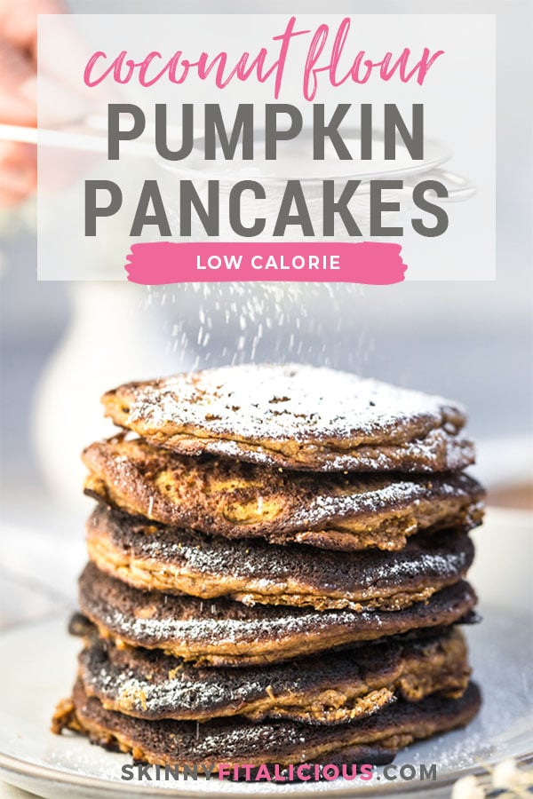 Pumpkin Coconut Pancakes made with coconut flour, nut butter, pumpkin and bananas! These thick, cake-like pancakes are perfect for a hearty fall breakfast. The BEST coconut flour pumpkin pancakes ever!