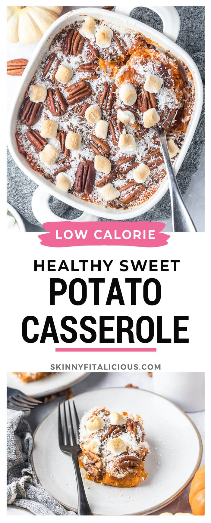 Healthy Sweet Potato Casserole is a low calorie, gluten free and Paleo dish that's made dairy free and with less added sugar.