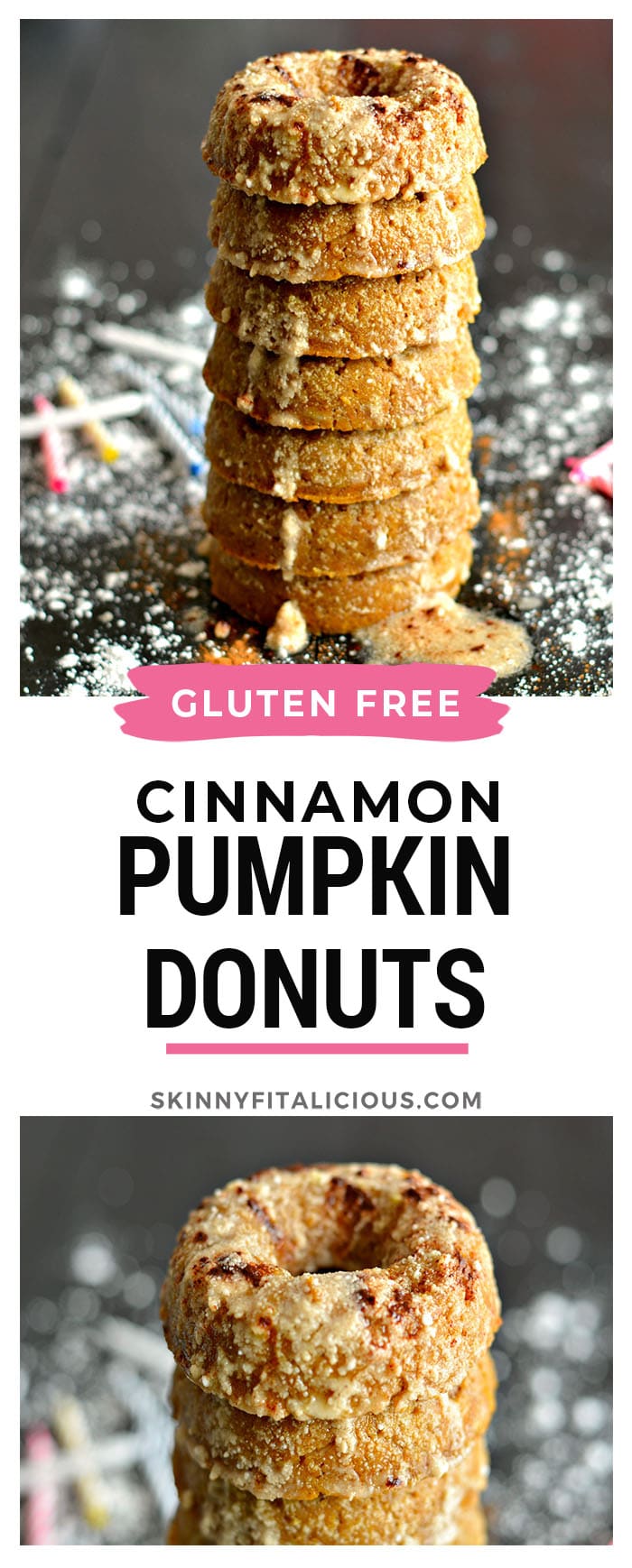 Treat yourself to gluten free Cinnamon Glazed Pumpkin Donuts made with less fat, less sugar and less calories and a lot of flavor. Perfect special occasion treat! Gluten Free + Low Calorie
