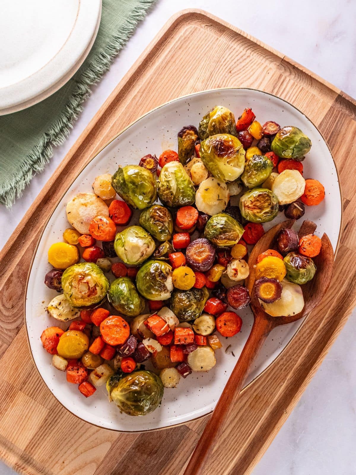 Roasted winter vegetables on a serving platter.