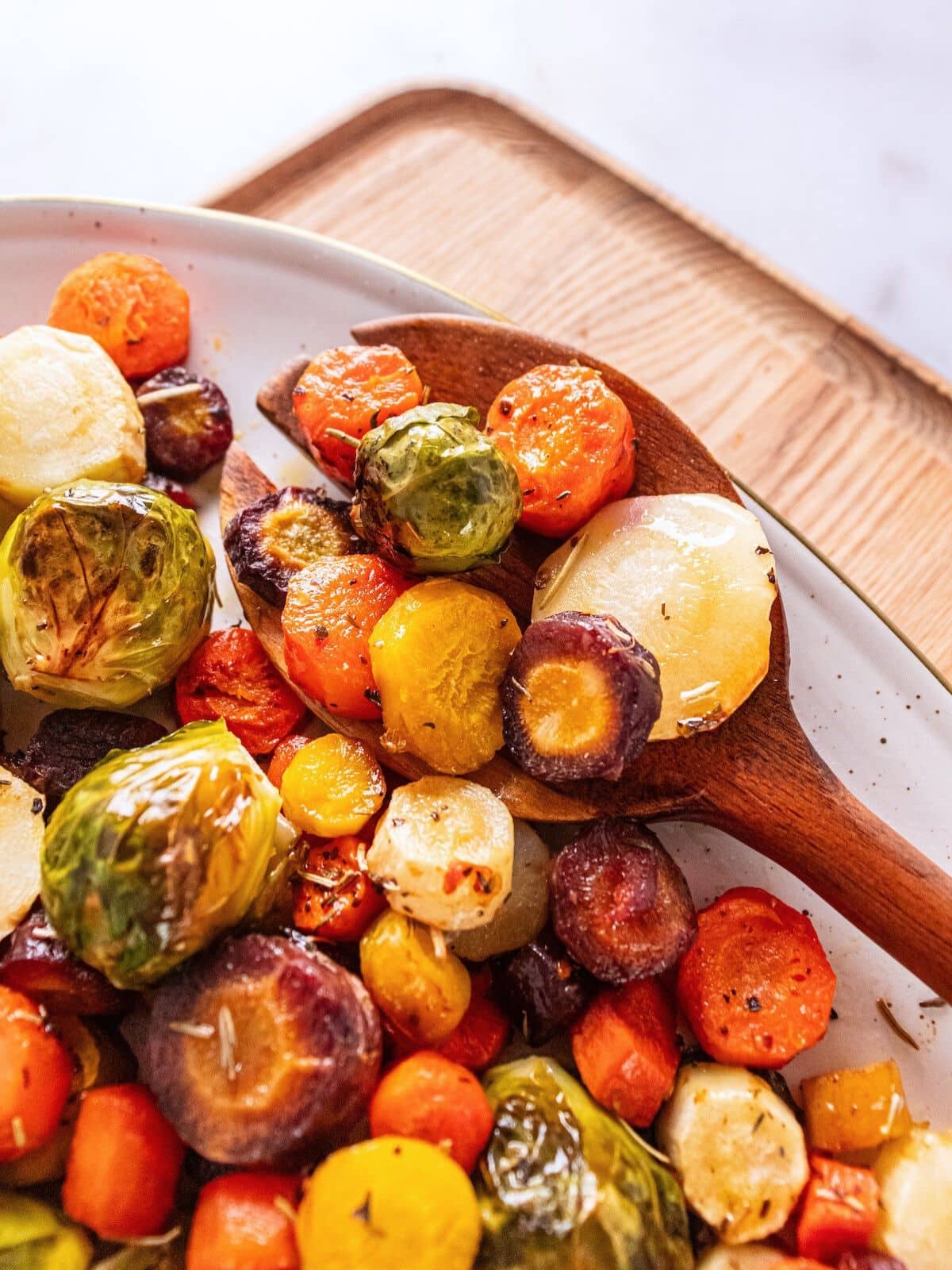Roasted winter vegetables on a serving platter.