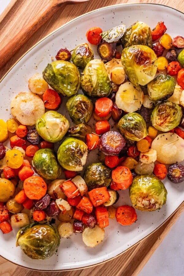 Roasted winter vegetables on a serving platter.