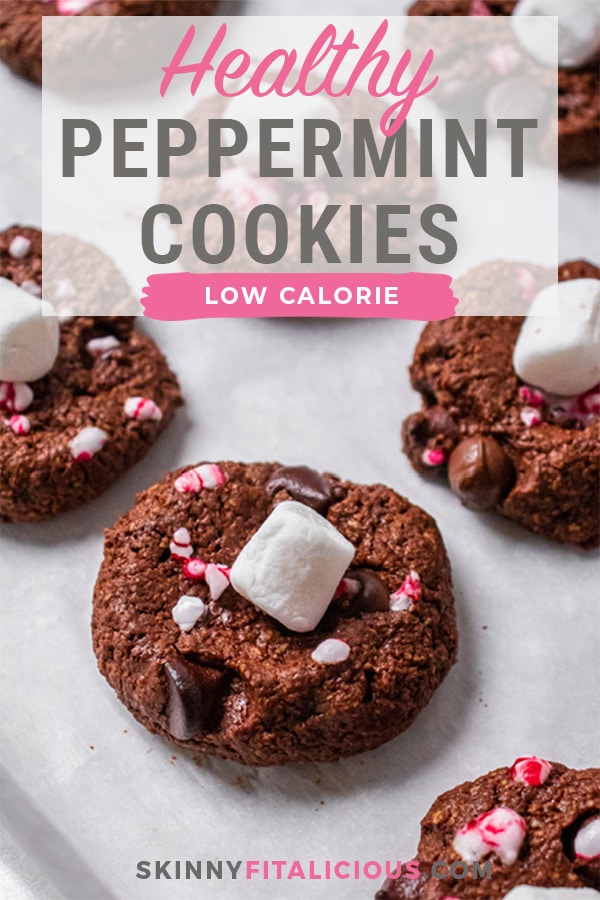 Healthy Peppermint Hot Chocolate Cookies are low calorie and gluten free. Made gooey on the inside, these lighter holiday cookies are easy!
