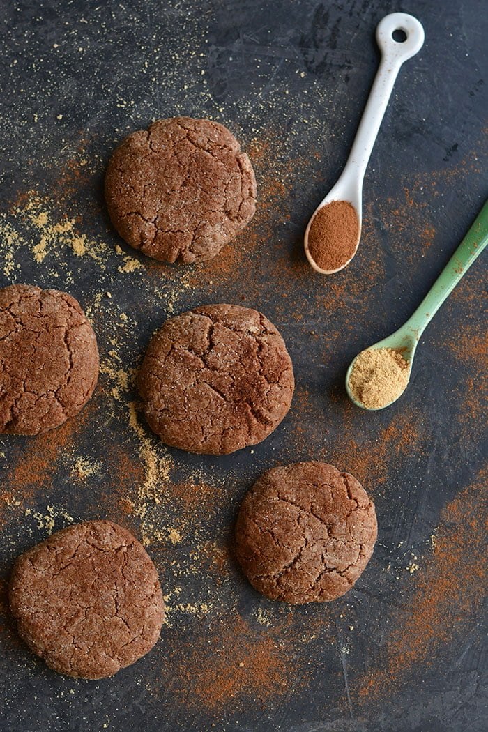 These Paleo Salted Gingerbread Cookies are flavored with molasses and warm spices. Lightly sweetened, they are a delicious addition to your holiday baking! Gluten Free + Paleo + Vegan
