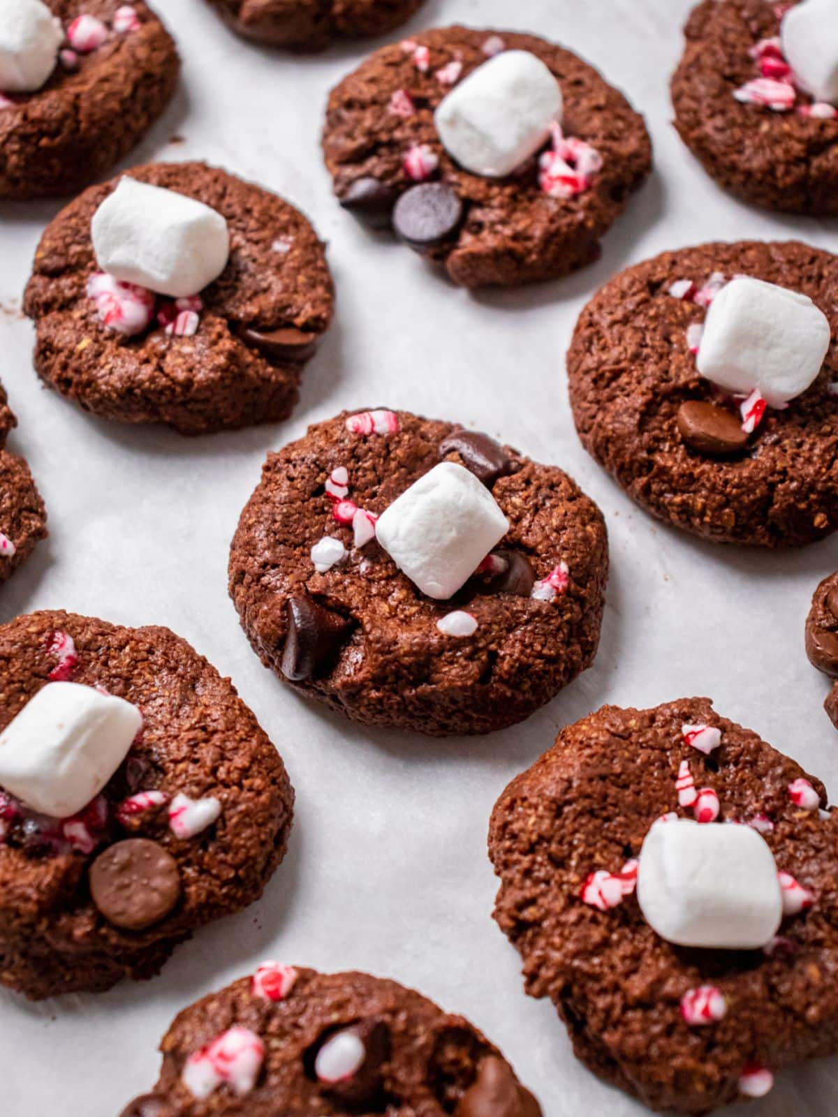 Healthy peppermint hot chocolate cookies on a tray.
