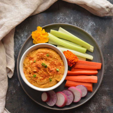 Whole30 No Bean Pumpkin Hummus! This thick and creamy "hummus" is made with zucchini and pumpkin instead of chickpeas. A delicious, low calorie dip, dressing, sauce or marinade! Gluten Free + Vegan + Paleo + Low Calorie + Whole30