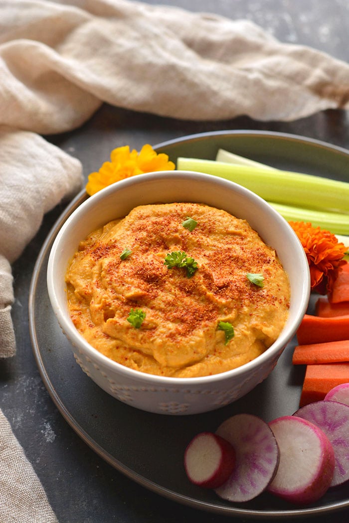 Whole30 No Bean Pumpkin Hummus! This thick and creamy "hummus" is made with zucchini and pumpkin instead of chickpeas. A delicious, low calorie dip, dressing, sauce or marinade! Gluten Free + Vegan + Paleo + Low Calorie + Whole30