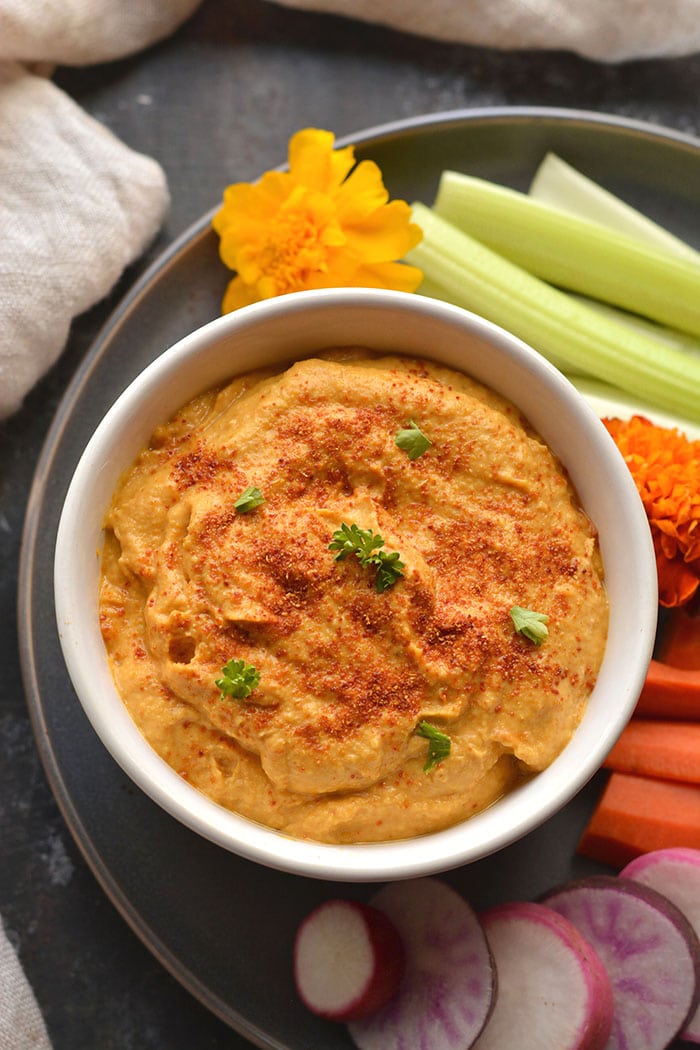 Whole30 No Bean Pumpkin Hummus! This thick and creamy "hummus" is made with zucchini and pumpkin instead of chickpeas. A delicious, low calorie dip, dressing, sauce or marinade! Gluten Free + Vegan + Paleo + Low Calorie + Whole30