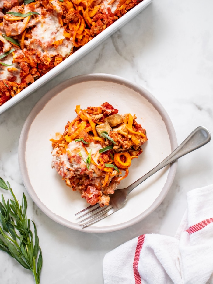 Paleo Turkey Sweet Potato Casserole is protein and veggie packed with a dairy free sauce. 