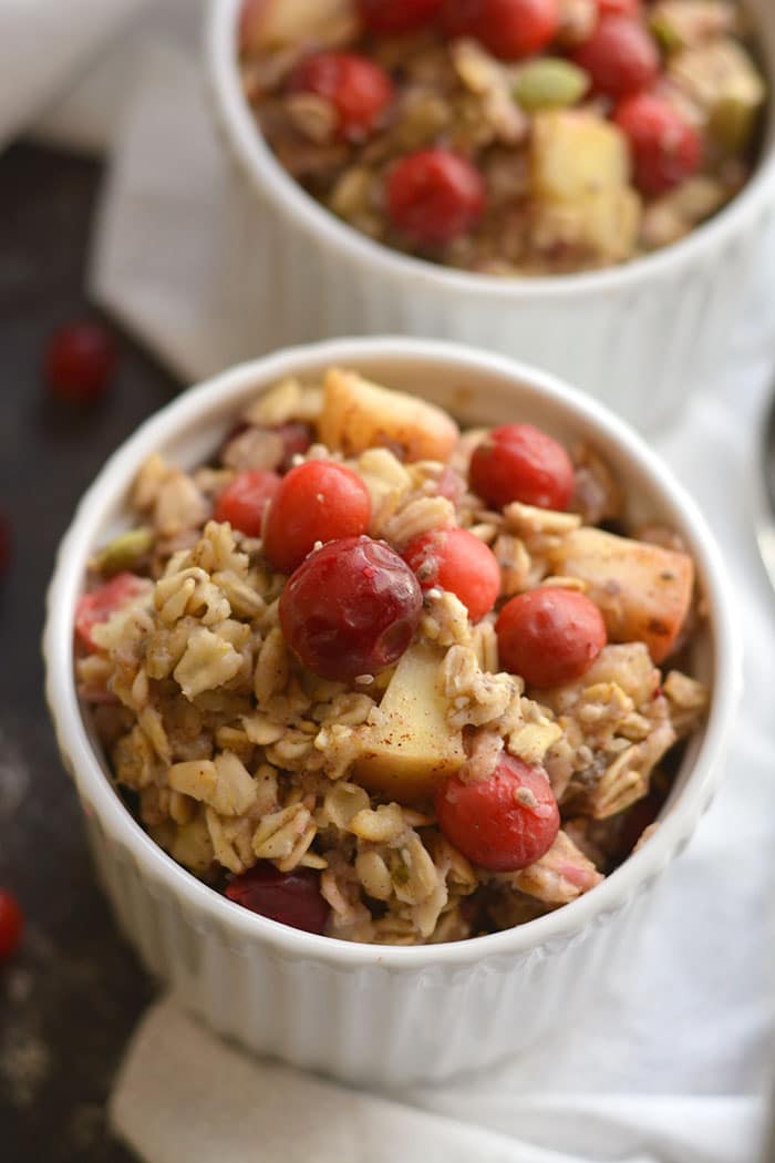Cranberry Apple Crockpot Oatmeal is a healthier oatmeal balanced with protein & healthy fats. Just toss everything in a crockpot for an easy, make ahead breakfast! Gluten Free + Low Calorie