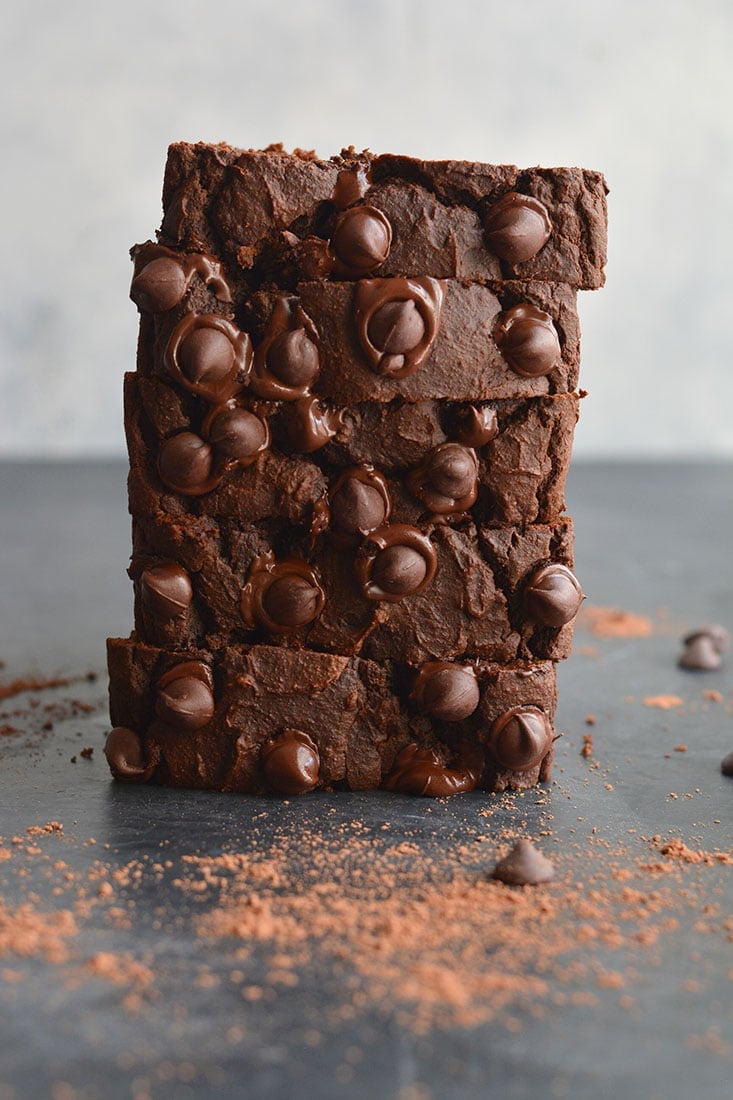 Insanely delicious Dark Chocolate Butternut Squash Bread! Made gluten free with whole grains and lightly sweetened, this protein packed bread is a chocolate lover's dream. You won't even know it has butternut squash or is good for you! Gluten Free + Low Calorie