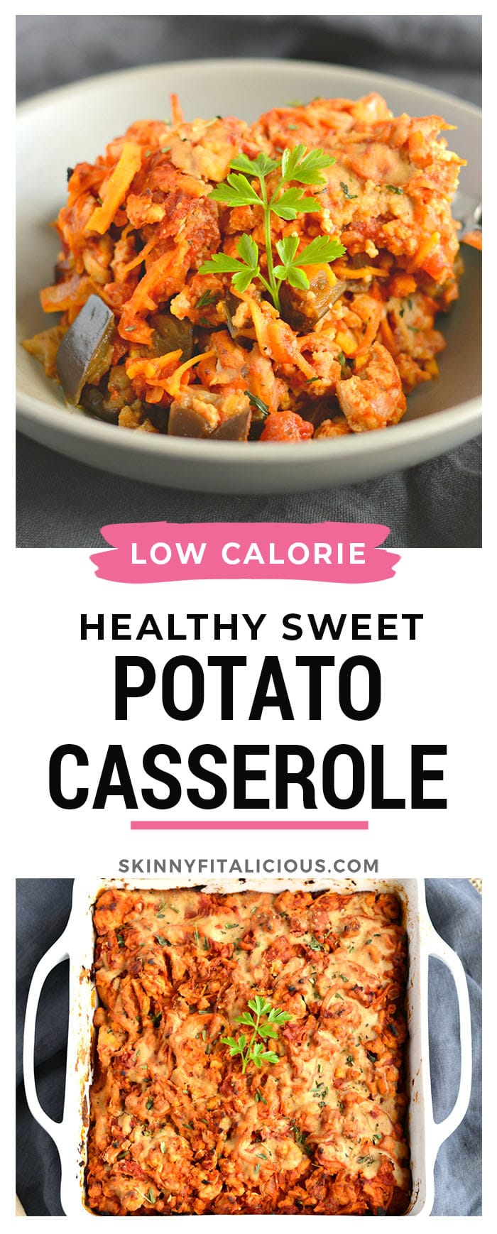 Paleo Turkey Sweet Potato Casserole layered with eggplant, tomato, bright herbs and a nutty sauce. A protein packed dinner that's super easy to make! 