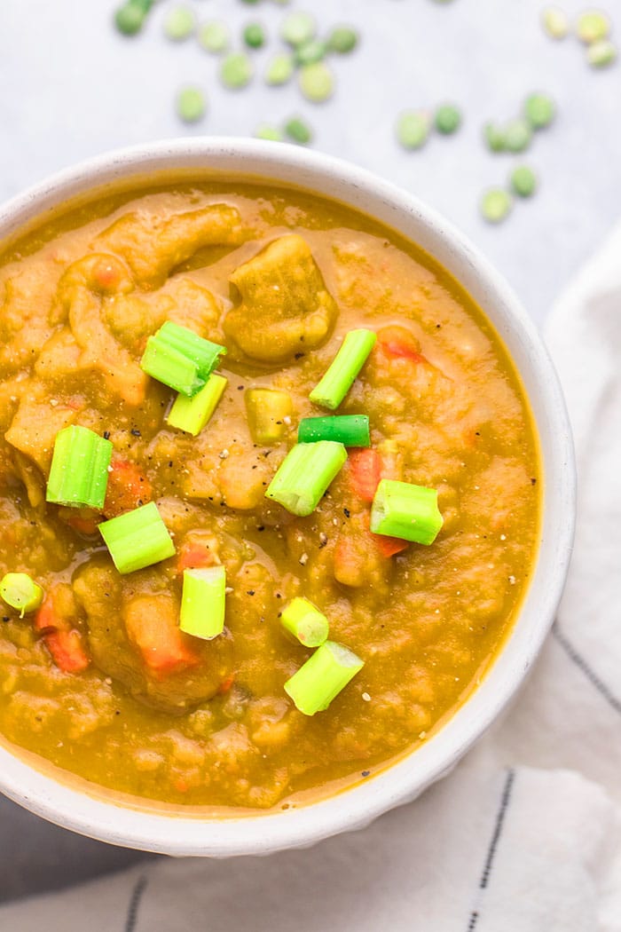 Vegan Split Pea Soup is a healthy, low calorie soup recipe made vegetarian and gluten free with simple, wholesome ingredients.