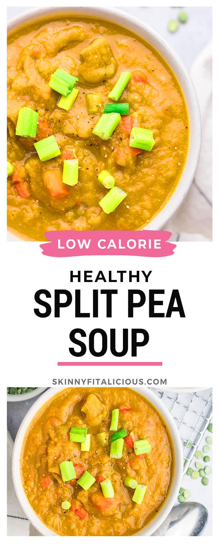 Vegan Split Pea Soup is a healthy, low calorie soup recipe made vegetarian and gluten free with simple, wholesome ingredients.