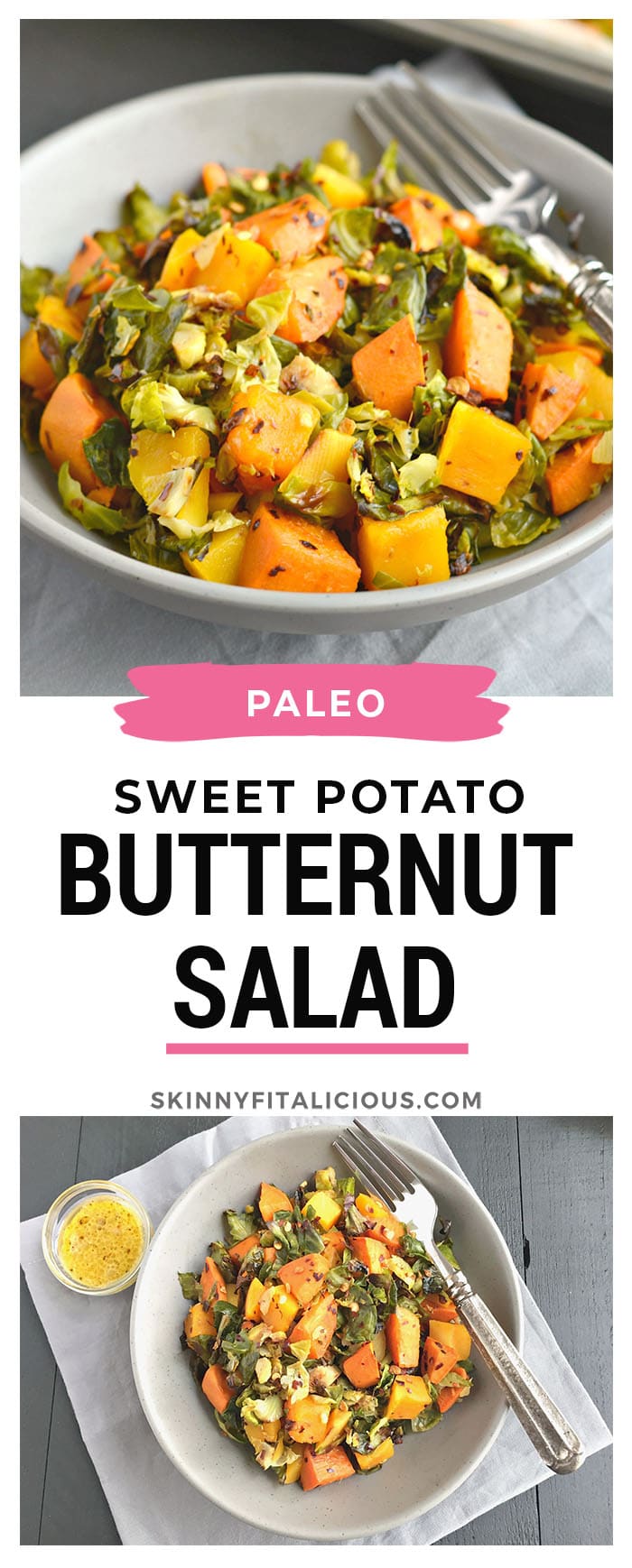 Brussels Sprouts Sweet Potato Salad is a warm and hearty salad. Made with roasted butternut squash, sweet potatoes and shredded brussels sprouts this salad is packed with nutrition and sweet and savory flavors! Gluten Free + Low Calorie + Paleo + Vegan