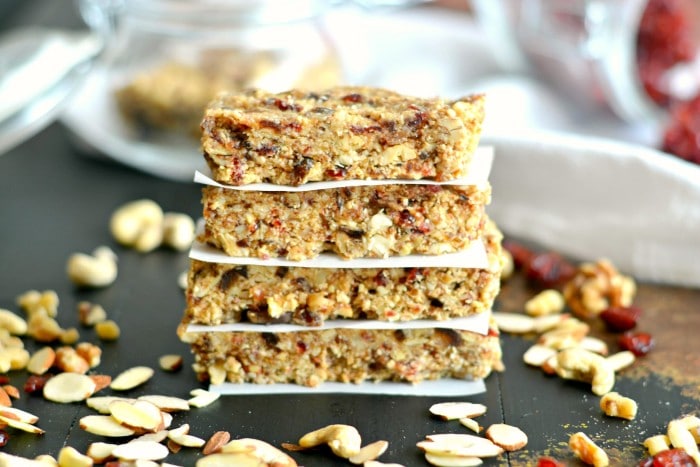 Grain Free Date Nut Bars are a no bake snack made with mixed nuts, shredded coconut and cashew butter that are oil and sugar free. They're gluten free, grain free, Paleo and vegan. A creamy and nutritious snack!