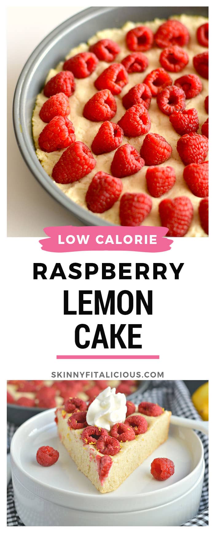 Healthy Raspberry Lemon Cake made with tart lemon juice, Greek yogurt, rings of sweet raspberries and no refined sugar! This elegant cake is the perfect balance of sweet and tart. A fancy dessert with no guilt! Gluten Free + Low Calorie