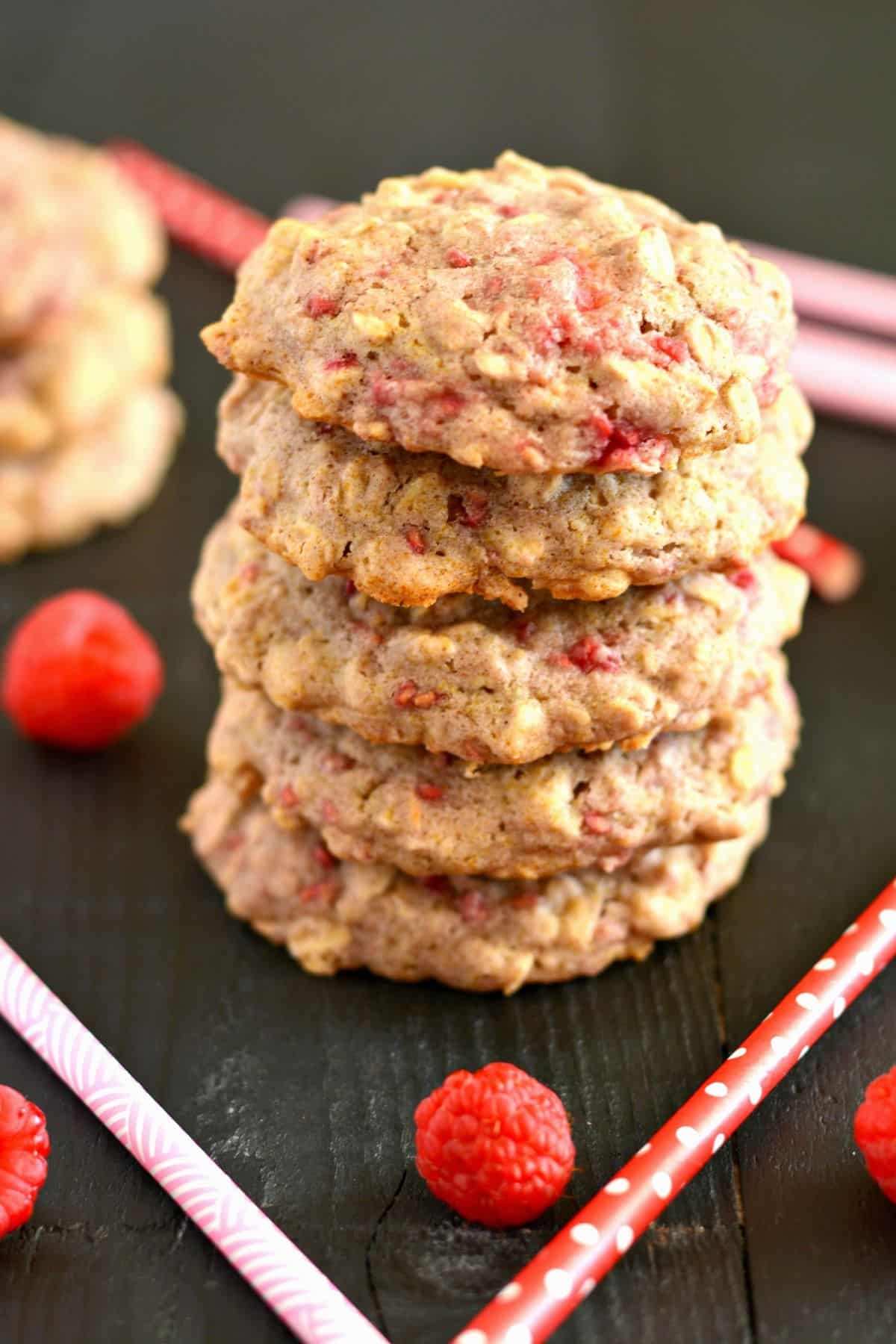 A stack of raspberry oatmeal cookies.