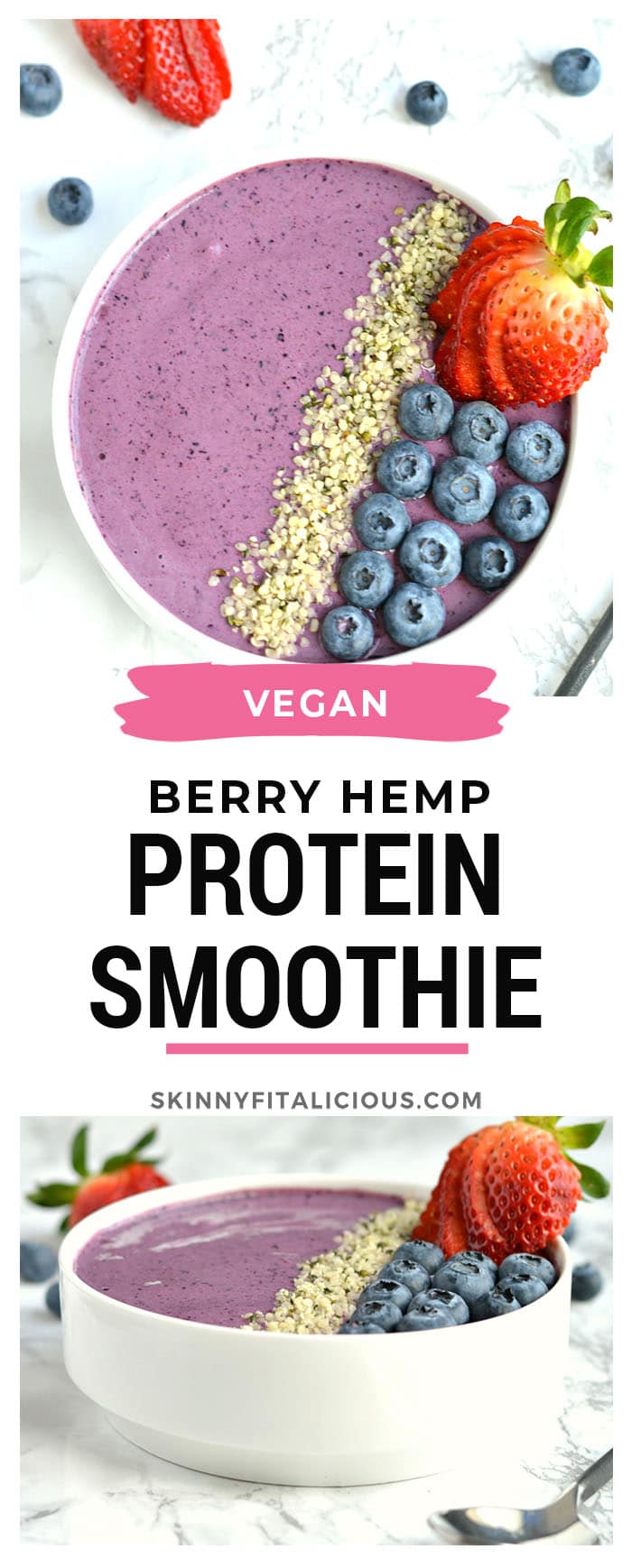Wake up to a creamy Berry Hemp Smoothie Bowl laced with sweet berries, Greek yogurt and hemp protein powder! This gluten free smoothie bowl is a nutritious and refreshing meal or snack for warm weather and great for post workout recovery! 