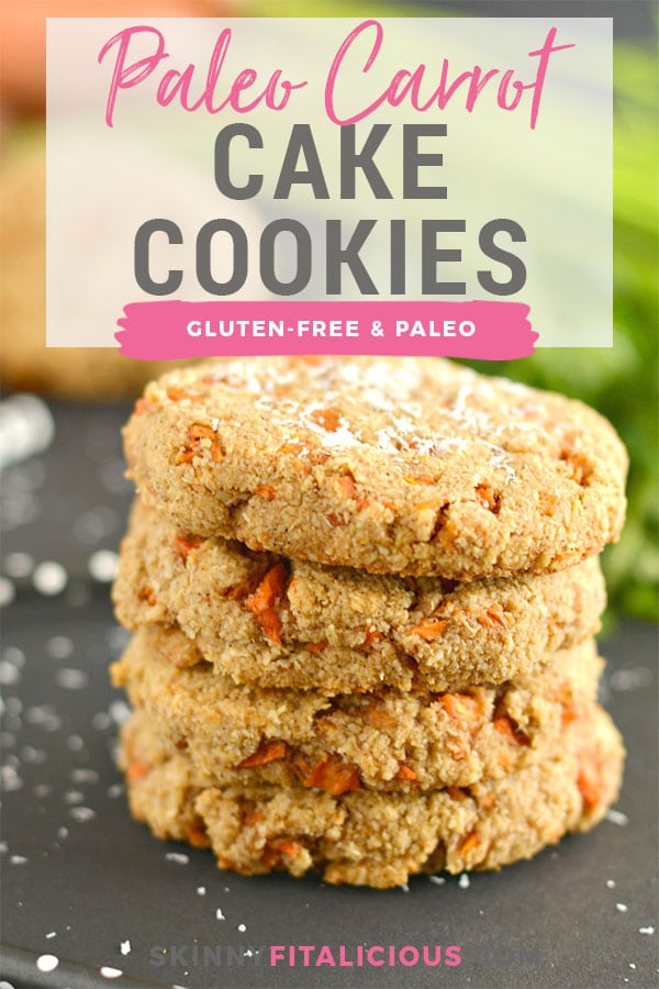 These decadent Paleo Carrot Cake Cookies taste like carrot cake and take just 15 minutes to make! Made with almond flour, carrots, coconut and cinnamon and no no refined oil or sugar these cookies are grain free, gluten free, Paleo and Vegan with a low calorie option too. 