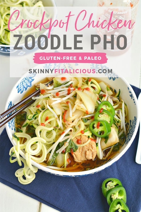Chicken Zoodle Pho made super simple in the crockpot and topped with spiralized zucchini noodles for a healthy version of a restaurant favorite. Make takeout easy at home with a comforting bowl of this gluten free and low calorie soup! Gluten Free + Low Calorie + Paleo