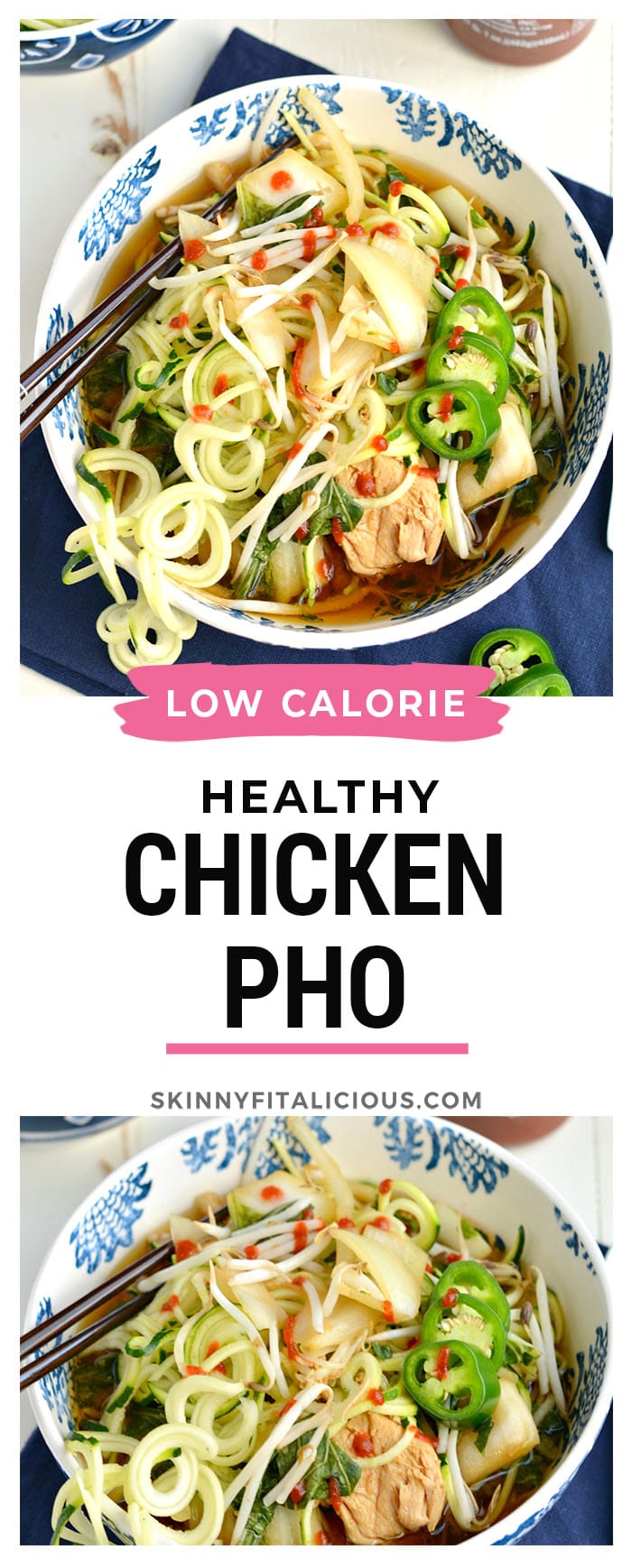 Chicken Zoodle Pho made super simple in the crockpot and topped with spiralized zucchini noodles for a healthy version of a restaurant favorite. Make takeout easy at home with a comforting bowl of this gluten free and low calorie soup!
