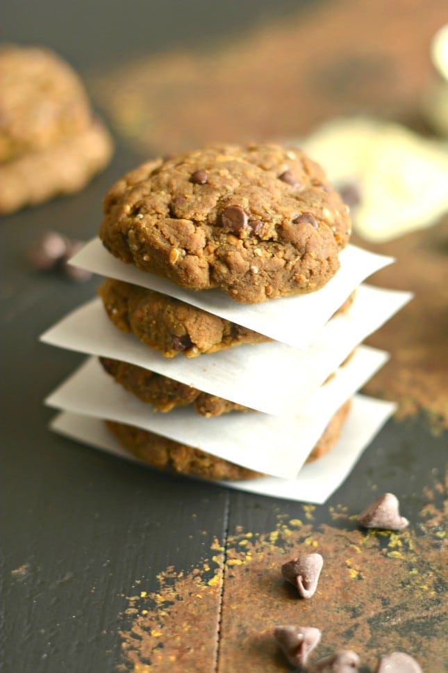 Chocolate Protein Cookies made with six healthy ingredients! Layered with chia, flax, peanut butter and banana, these scrumptious snacks are gluten free, dairy free, sugar free, low calorie, Paleo and vegan. A simple post workout snack!