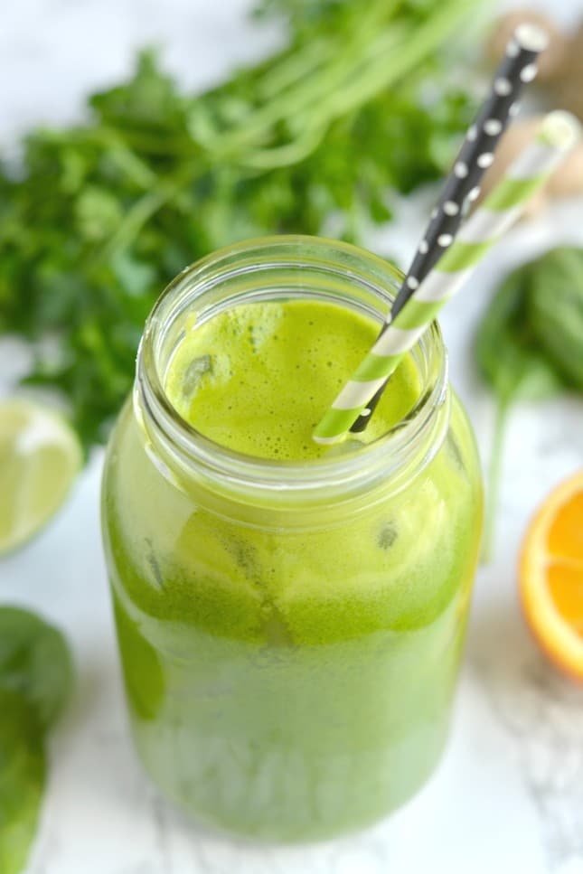 A Classic everyday Green Juice! Made with spinach, parsley, ginger, apple, oranges and lime, this addicting Green Juice is loaded with nutrients and layered with flavors of citrus and spice with an ounce of tang!