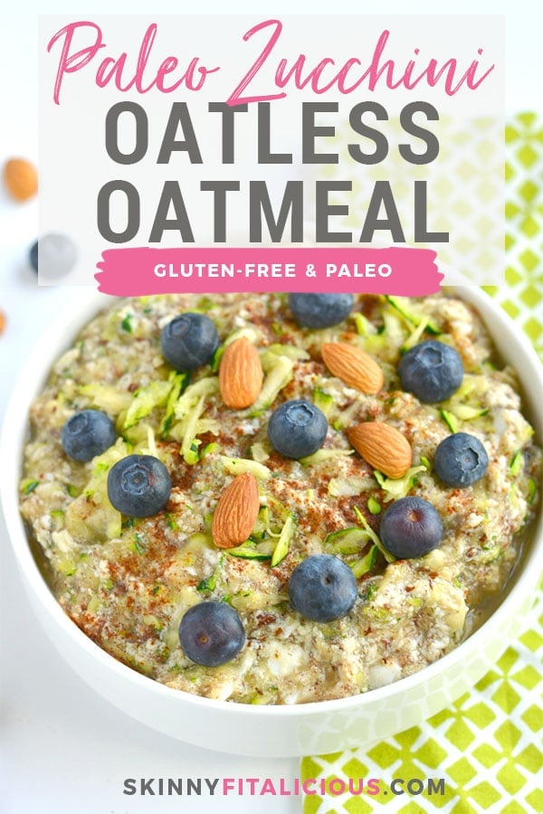 Zucchini Oatless Oatmeal is a Paleo twist on a classic bowl of morning oatmeal. Made with eggs, almond milk, zucchini, applesauce, flaxseed and cinnamon, this simple bowl of goodness is packed with protein and fiber. A nutritious way to stay full all morning! Gluten Free + Paleo + Low Calorie