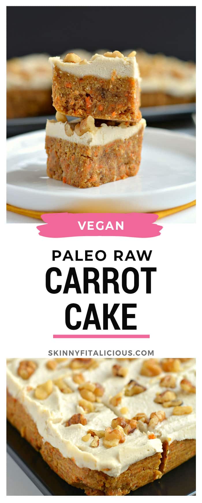 Paleo Raw Carrot Cake is a spin on a traditional favorite! Made with a carrot, date and walnut base, this delicious cake is topped with a silky cashew maple coconut icing that's surprisingly healthy and good for you. This is what carrot cake dreams are made of!  Paleo + Gluten Free + Vegan + Low Calorie