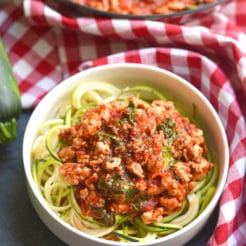 This Turkey Spaghetti Zoodles is pasta without the pasta! A SUPER simple one pan dinner that's low calorie, low carb, Paleo, gluten free and takes just 10 minutes to make. This will soon be your go-to week night dinner! Paleo + Gluten Free + Low Calorie