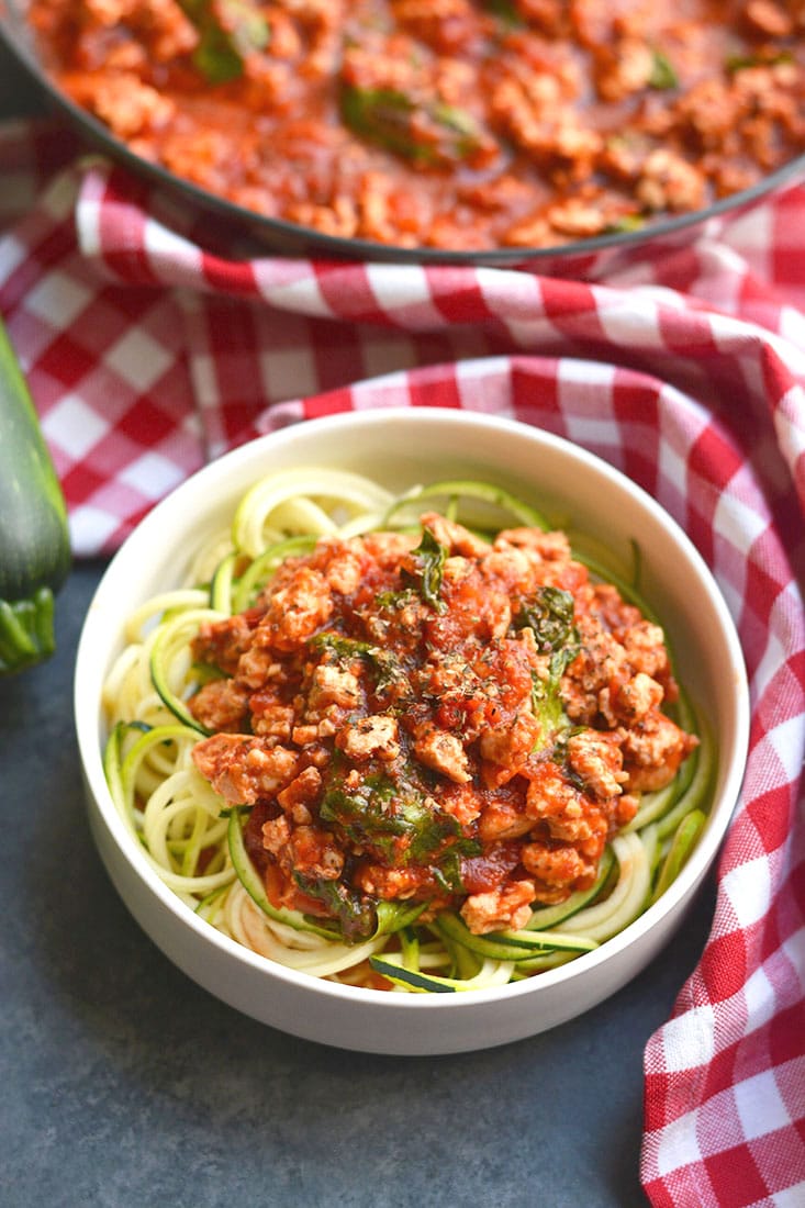 This Turkey Spaghetti Zoodles is pasta without the pasta! A SUPER simple one pan dinner that's low calorie, low carb, Paleo, gluten free and takes just 10 minutes to make. This will soon be your go-to week night dinner! Paleo + Gluten Free + Low Calorie