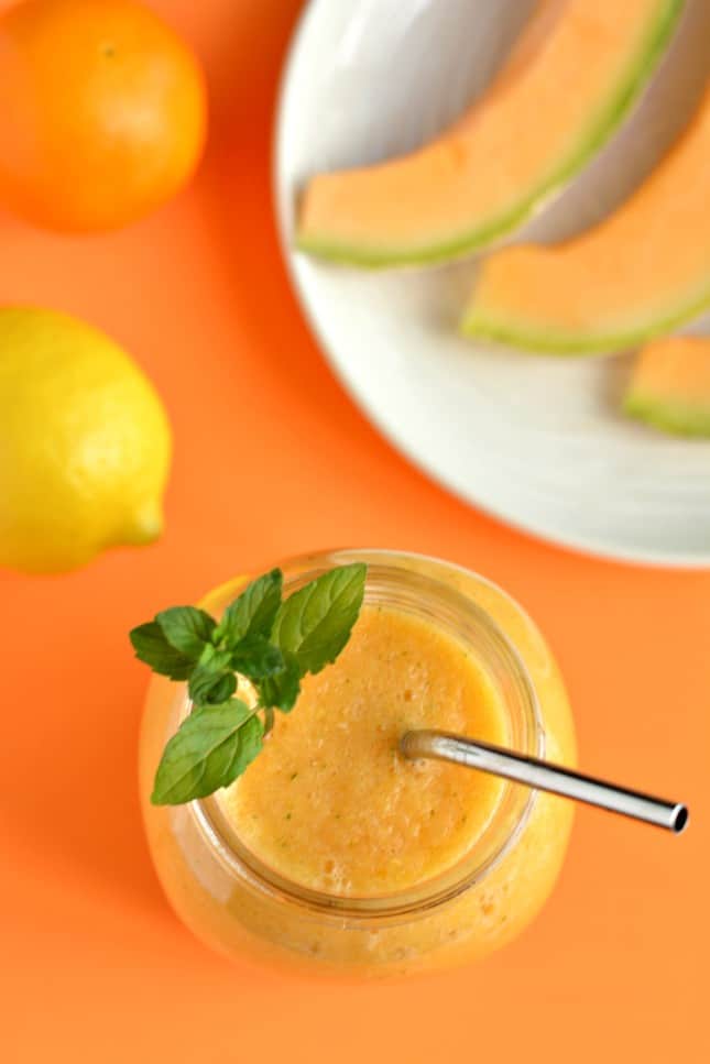 This Cantaloupe Mint Citrus Smoothie is bursting with orange, citrus and vibrant mint flavors. The perfect HEALTHY light refresher for a hot day!
