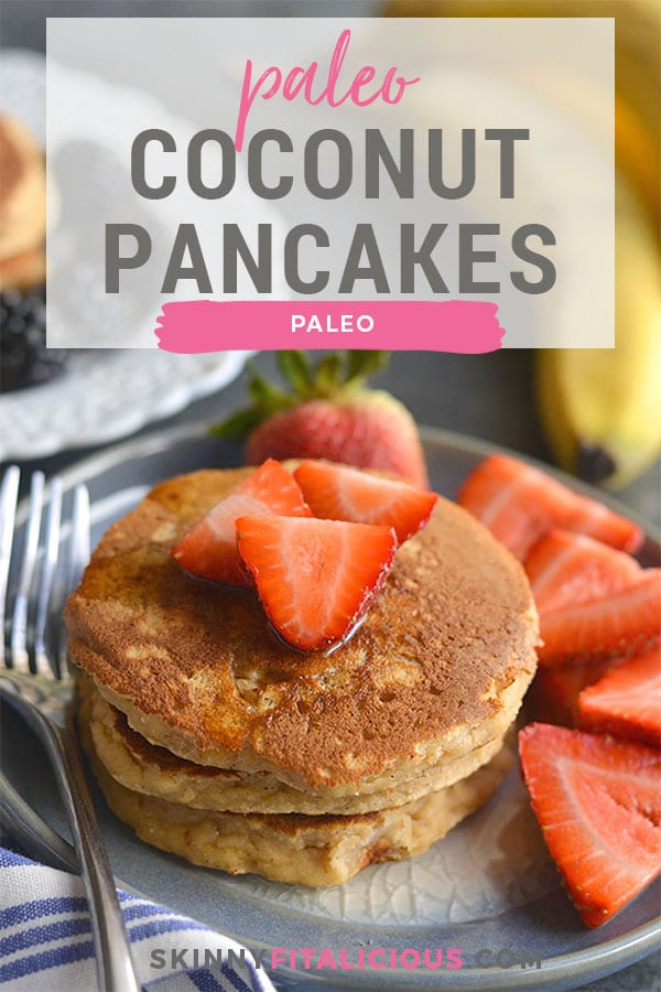 Paleo Coconut Pancakes! Thick, fluffy pancakes packed with fiber, protein and good for you ingredients. Guaranteed fullness and breakfast deliciousness! Paleo + Gluten Free + Low Calorie
