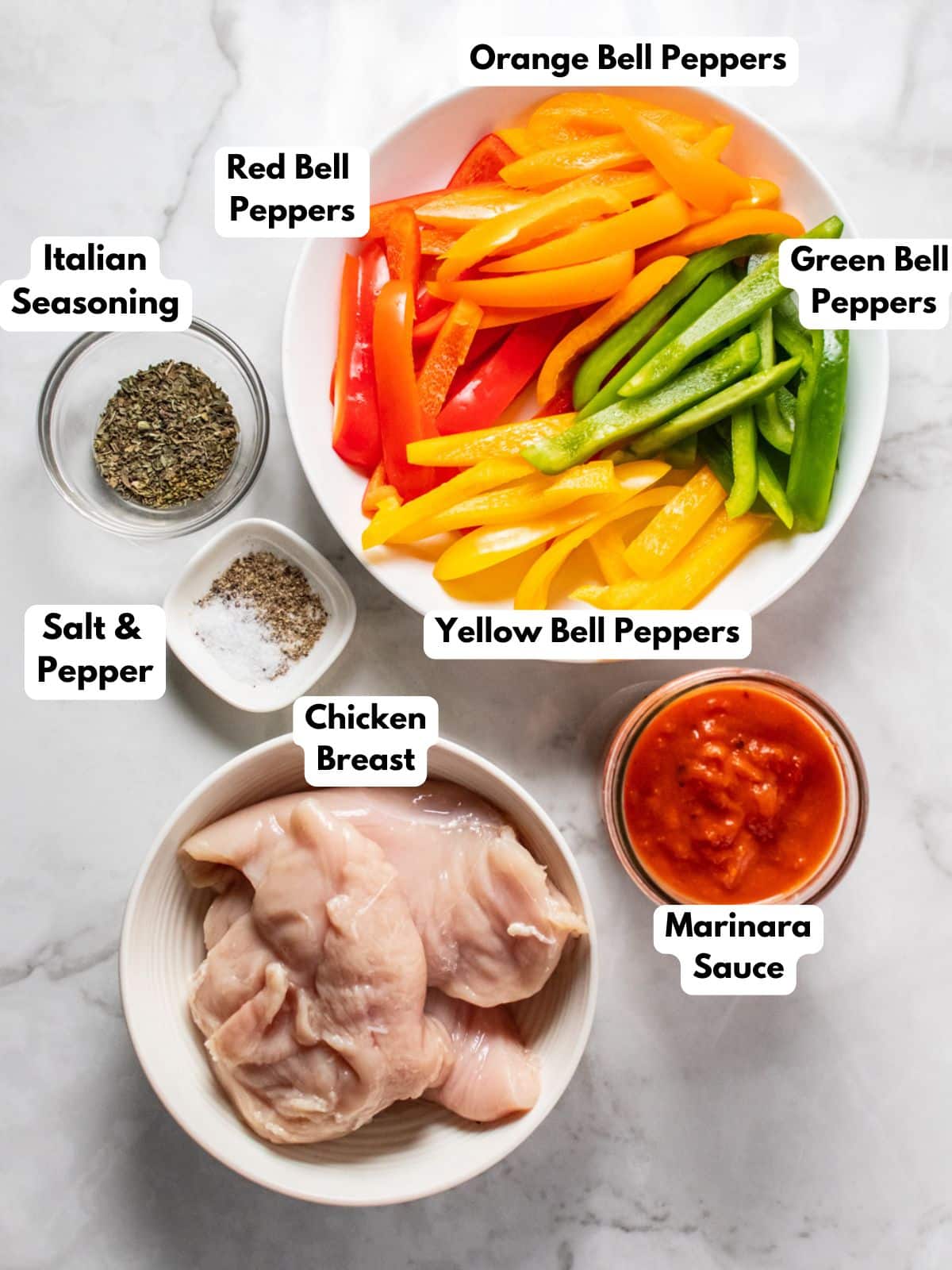 Ingredients for making crockpot chicken and peppers in bowls.