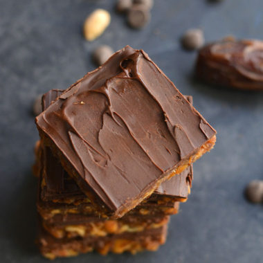 3 Ingredient Peanut Butter Chocolate Chip Bars!  They taste like candy, but are secretly good for you! Sweetened with dates, these simple no bake bars easy to make and kid friendly. Vegan, Gluten Free + Paleo Option