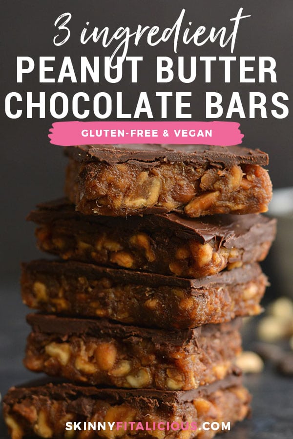 3 Ingredient Peanut Butter Chocolate Chip Bars!  They taste like candy, but are secretly good for you! Sweetened with dates, these simple no bake bars easy to make and kid friendly. Vegan, Gluten Free + Paleo Option
