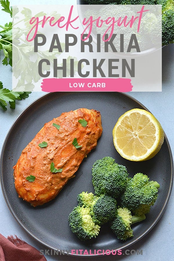 Greek Yogurt Paprika Chicken marinaded with yogurt, lemon and paprika! This gluten free, low calorie chicken recipe has a spicy kick and is high protein! Gluten Free + Low Calorie