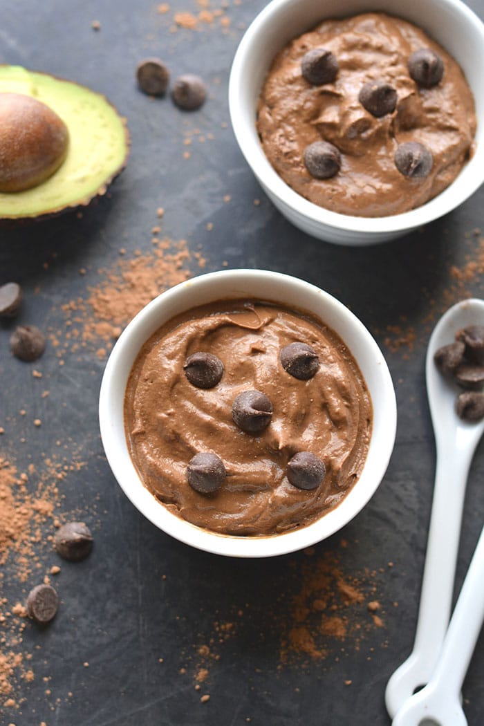 Healthy Chocolate Avocado Pudding with Greek Yogurt! This low calorie pudding is high protein and low sugar and made in two minutes in a blender. A healthy chocolate treat to bust cravings! Gluten Free + Low Calorie