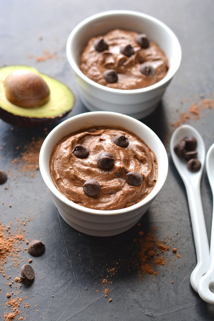 Healthy Chocolate Avocado Pudding with Greek Yogurt! This low calorie pudding is high protein and low sugar and made in two minutes in a blender. A healthy chocolate treat to bust cravings! Gluten Free + Low Calorie