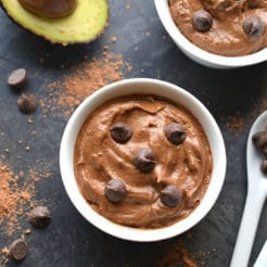Healthy Chocolate Avocado Pudding with Greek Yogurt! This low calorie pudding is high protein and low sugar and made in two minutes in a blender. A healthy chocolate treat to bust cravings! Gluten Free + Low Calorie