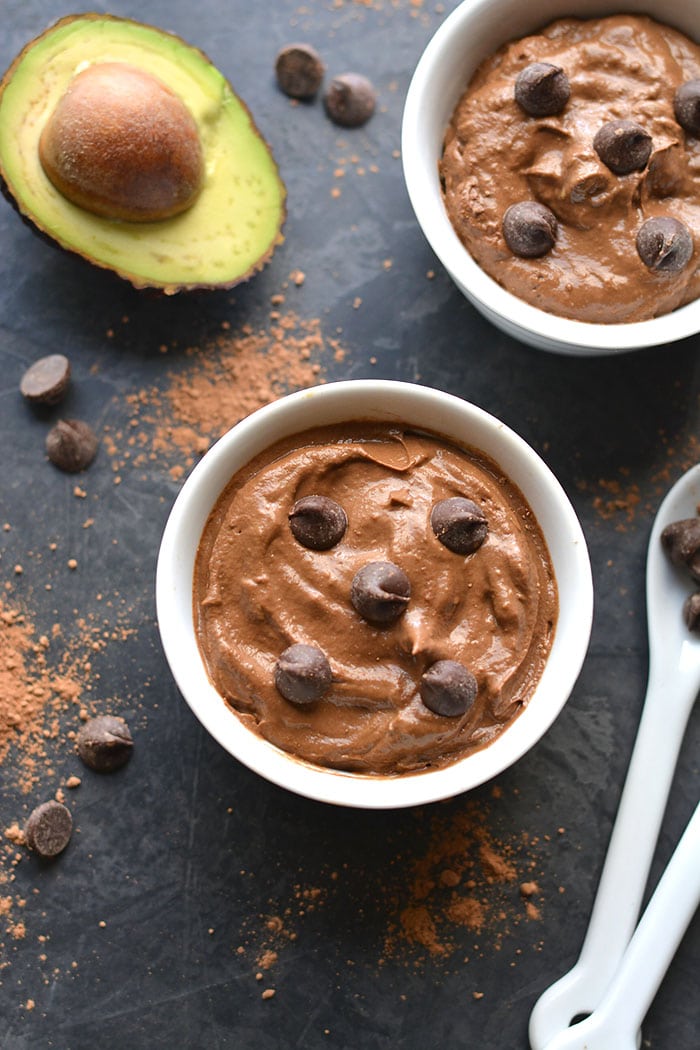 Healthy Chocolate Avocado Pudding with Greek Yogurt! This low calorie pudding is high protein and low sugar and made in two minutes in a blender. A healthy chocolate treat to bust cravings! Gluten Free + Low Calorie